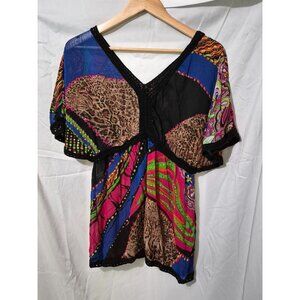 Simon Chang 4 Multicolor Pullover Sheer Crochet Art to Wear Classic Retro Top